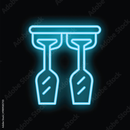 Blue neon icon of two wine glasses hanging from a rack, glowing against a black background