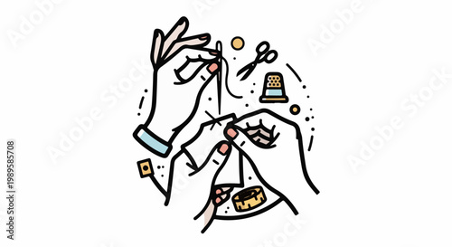 Hands skillfully sewing with needle, thread, scissors, and thimble