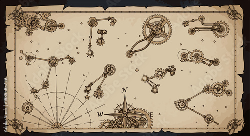 Intricate steampunk map displaying celestial constellations formed by gears and clockwork