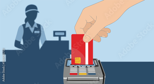 Hand inserting a red credit card into a payment terminal with a cashier silhouetted