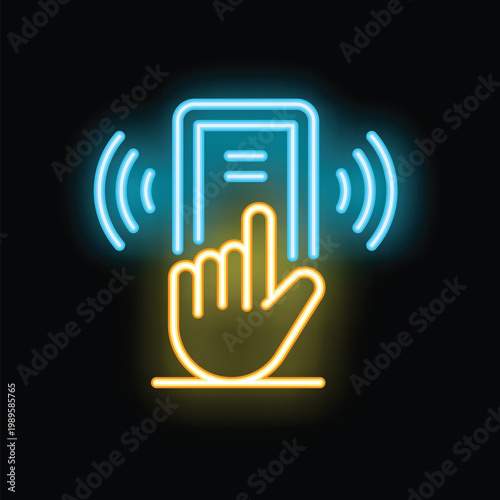 Quadro su tela Neon sign icon of a hand touching a smartphone screen, symbolizing mobile phone