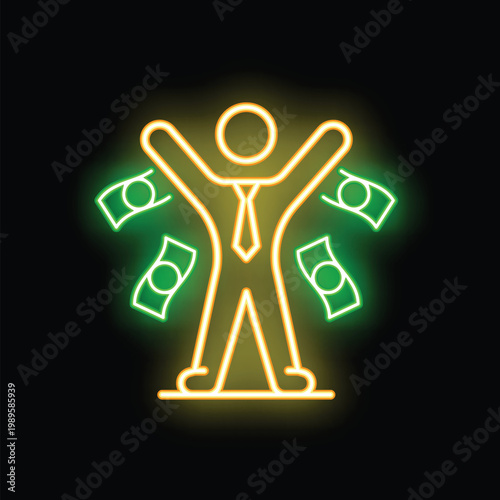 Neon sign icon of a happy businessman celebrating success with money flying around him