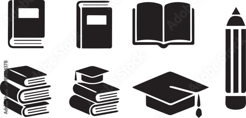 A collection of black silhouette icons representing books a pencil and graduation high-quality