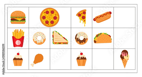 Colorful grid displaying various cartoon images of popular fast foods