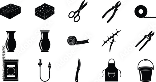 Set of black silhouettes of florist tools and accessories for flower arrangement and gardening