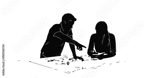 Couple Silhouette Planning Relocation and Migration Route on Map for Global Mobility