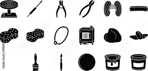 A set of eighteen black and white icons illustrating tools and equipment used in pottery and ceramics