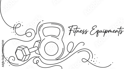 Line art illustration of a kettlebell and a dumbbell with decorative swirls, fitness equipment icon