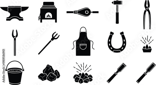 Set of blacksmith tools and equipment icons including anvil hammer and forge.