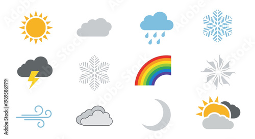 Colorful weather icons depicting sun clouds rain snow and other conditions