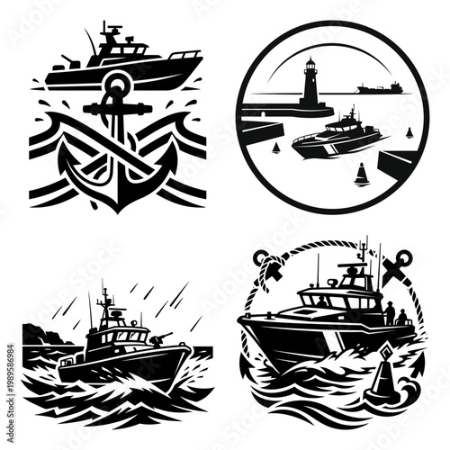 Coastal patrol boat badge set with lighthouse and waves