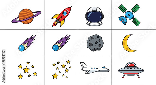 Colorful cartoon illustrations of space elements planets rockets and more