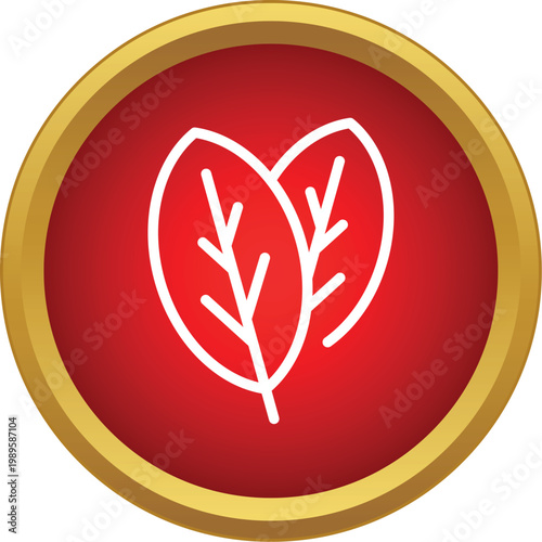 Leaves symbol representing nature and environment on a round red button with gold border
