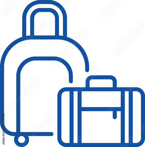 Blue line icon of travel luggage with a suitcase and a carryon bag for vacation and tourism