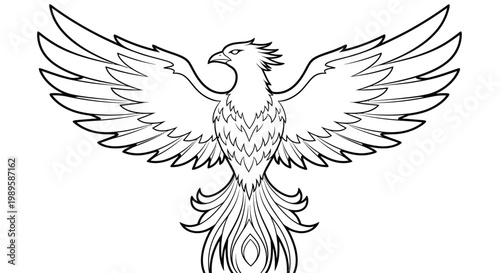 Phoenix Bird Rising Vector Illustration, Mythical Fire Creature Line Art Graphic for Tattoo Design, Emblem, and Fantasy Branding Projects