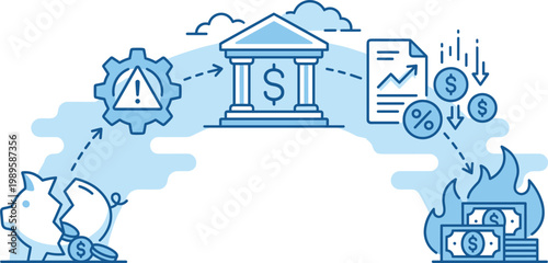 Financial crisis concept with broken piggy bank, bank building, and burning money