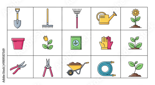 Colorful gardening tools and plants arranged in a grid pattern
