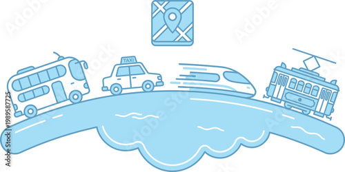 Set of public transport icons, bus, taxi, high speed train and tram on a curved road