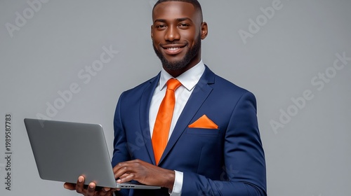 African American businessman in a blue suit and orange tie holds a laptop, smiling confidently against a gray background, showcasing professional attire and modern technology