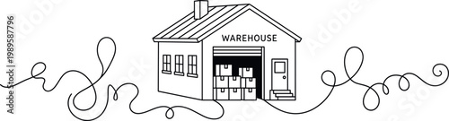Warehouse building icon with boxes inside, continuous line drawing style