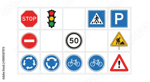 Collection of common road signs displayed in a grid format