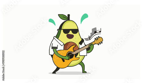 Avocado guitarist mascot fun music cartoon vector illustration