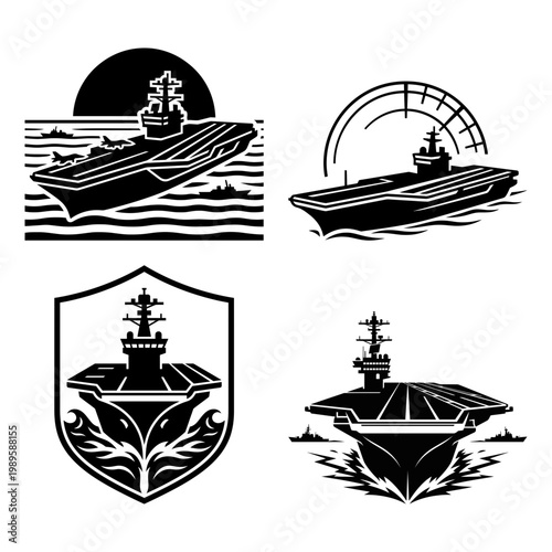 Aircraft carrier crest and horizon silhouette icon collection