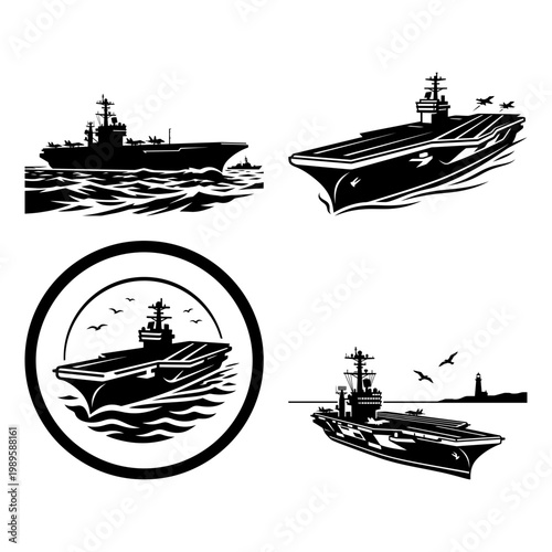Aircraft carrier ocean badge and profile silhouette set