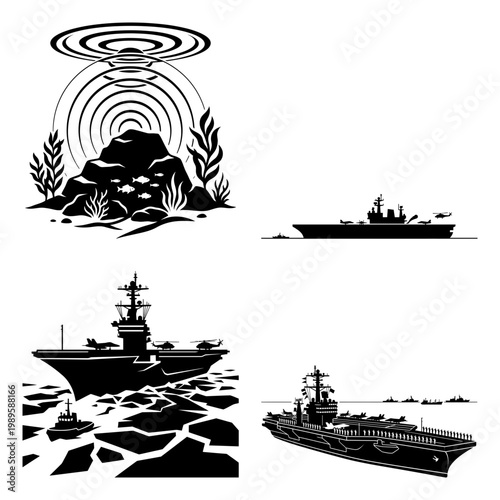 Aircraft carrier and radar island silhouette icon set
