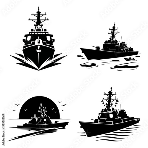 Destroyer warship silhouette maritime icon collection