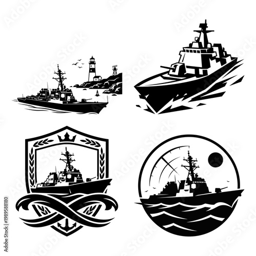 Naval destroyer badge and ocean silhouette icon set