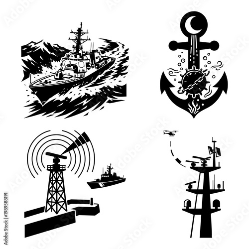 Radar tower and storm patrol silhouette maritime set