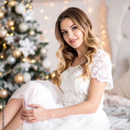 A young woman with wavy hair and a white dress sits near a decorated tree with soft lights and a bed in the background