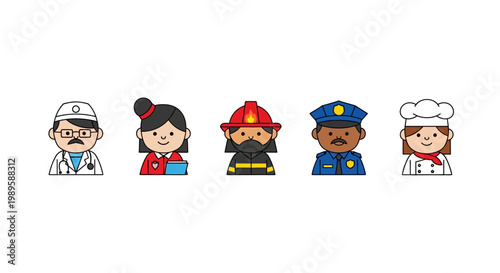 Illustrative row of diverse professionals doctor teacher firefighter police officer chef
