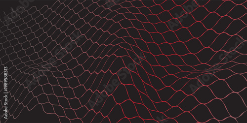 3D Red Gradient Mesh Wave on Black Background, Abstract Cyberpunk Wireframe Landscape