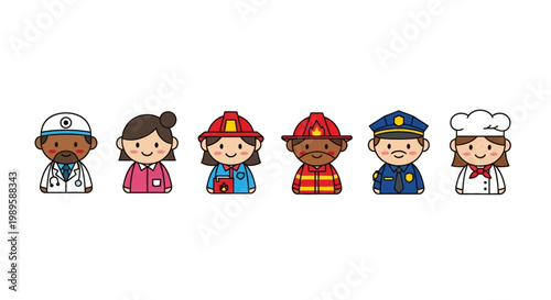 Cartoon illustration of diverse people in various professional occupations