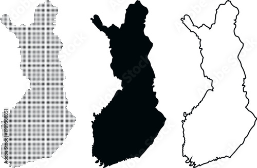 Finland map outline dotted silhouette and line art on white background Keywords: Finland, map, country, europe
