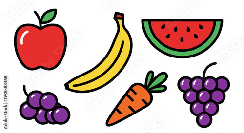 Colorful illustration featuring various fruits and vegetables in a flat style