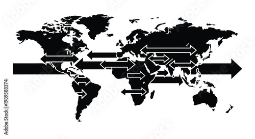 Global Migration Flows and World Map Connectivity Silhouette for Immigration