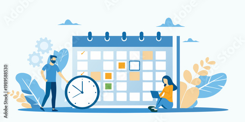 Team planning and scheduling with a large calendar and clock illustration