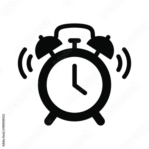 A black and white illustration of an alarm clock ringing loudly.