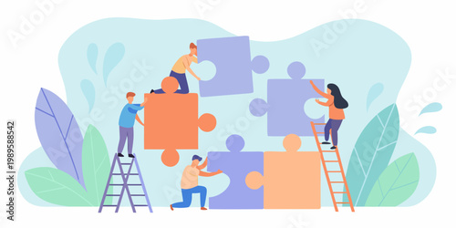 Quadro su tela Teamwork concept with people fitting puzzle pieces together