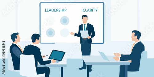 Business presentation focusing on leadership and clarity with attentive audience