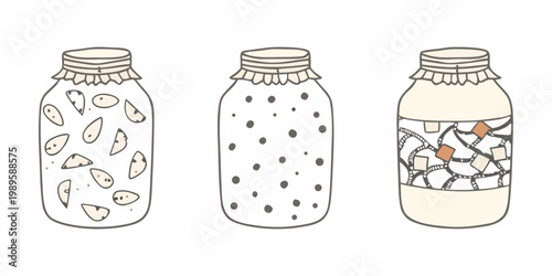 Three illustrated mason jars filled with different patterned contents