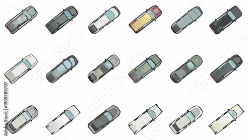 Overhead view of various colorful toy cars arranged in neat rows