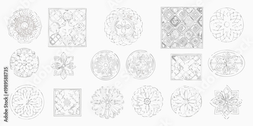 Collection of intricate hand drawn ornamental designs and geometric patterns