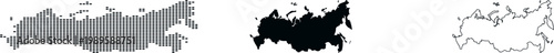 Russia country map outlines solid black and line art with dotted map on white silhouette