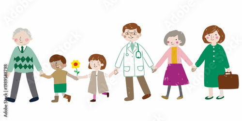 A multi generational family holding hands including a doctor in an illustration