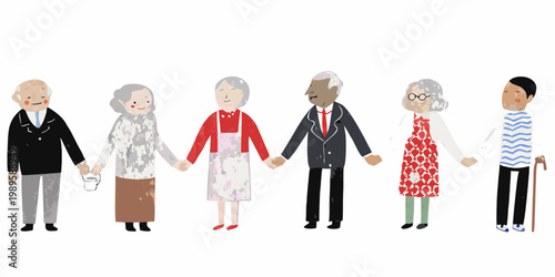 A diverse group of seniors holding hands in a cheerful illustration