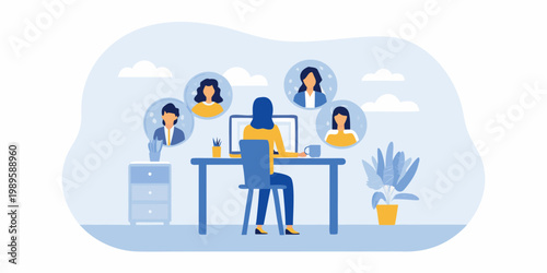 Woman participating in a virtual meeting with colleagues on a laptop